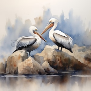 Pélicans sur rochers oiseau art mural imprimable pour salon oiseau peinture à l'aquarelle oeuvre pour carte de voeux téléchargement numérique instantané