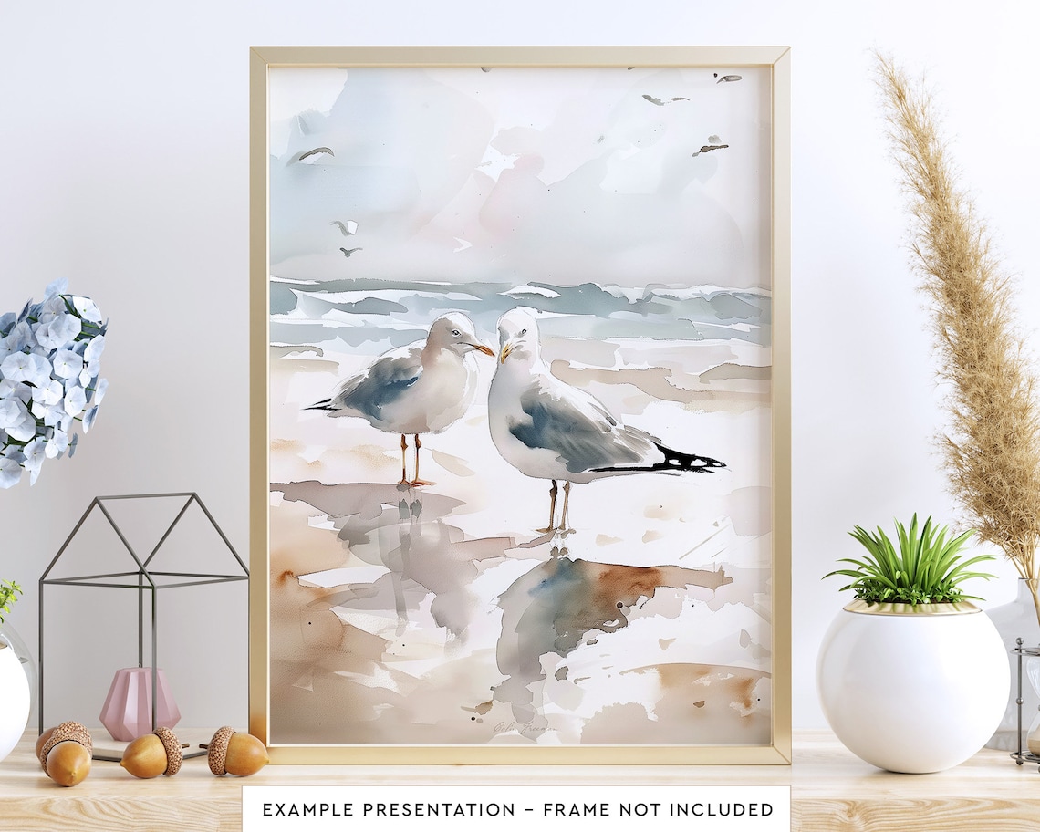 Seagulls at the Beach Bird Wall Art for Living Room Bird Watercolor