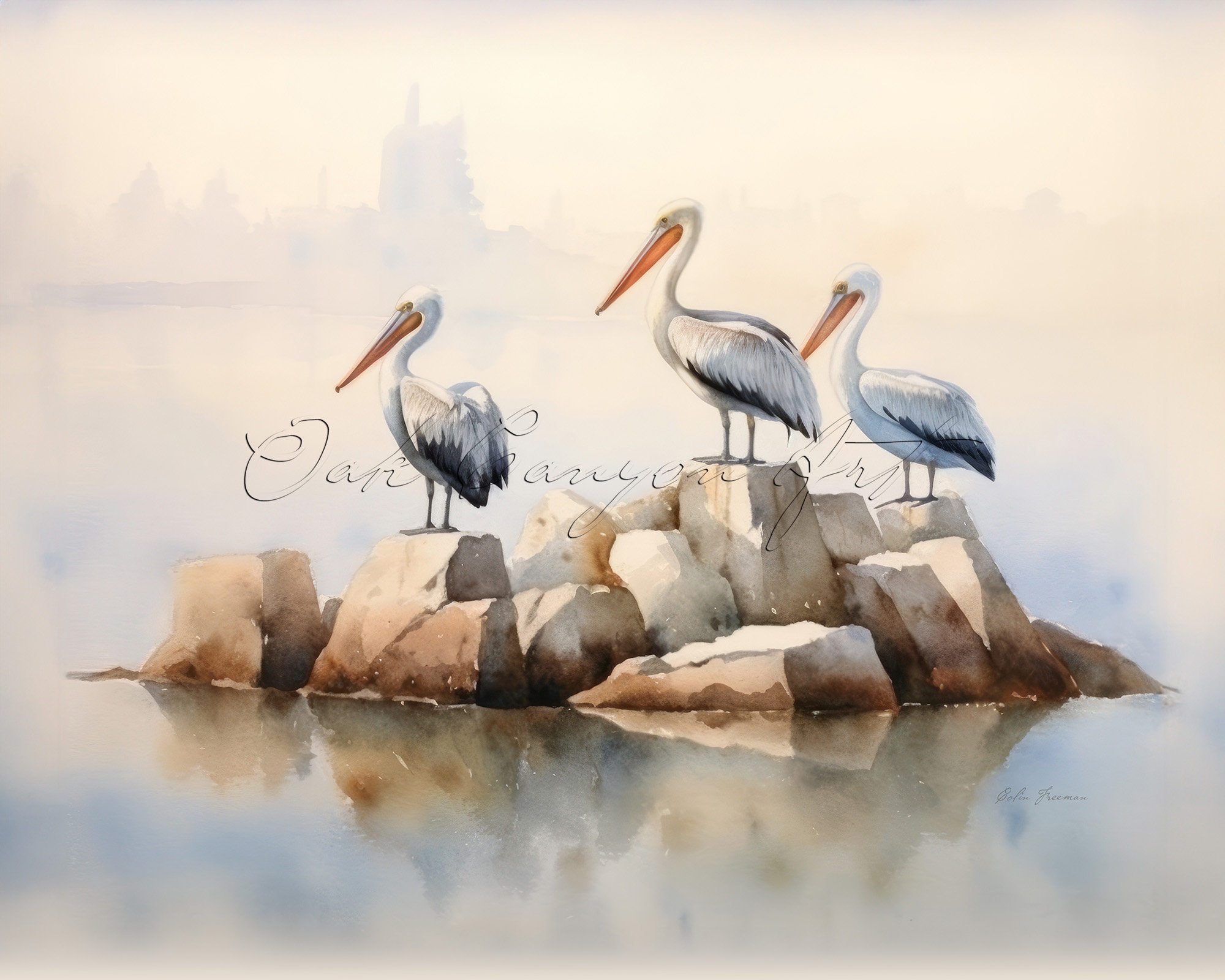Pelicans on Rocks Printable Wall Art for Living Room Bird Watercolor ...