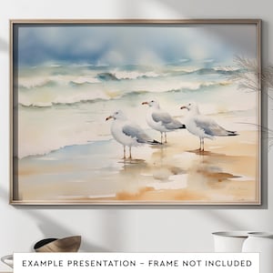 Gaviotas en la playa, arte de pared de aves para sala de estar, pintura de acuarela de aves para decoración de pared de baño, póster impreso