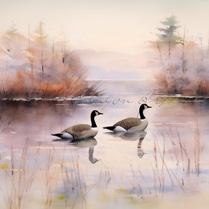 Art mural imprimable oiseaux de Bernaches du Canada pour le salon Oeuvre de peinture aquarelle d'oiseau pour carte de voeux Téléchargement numérique instantané