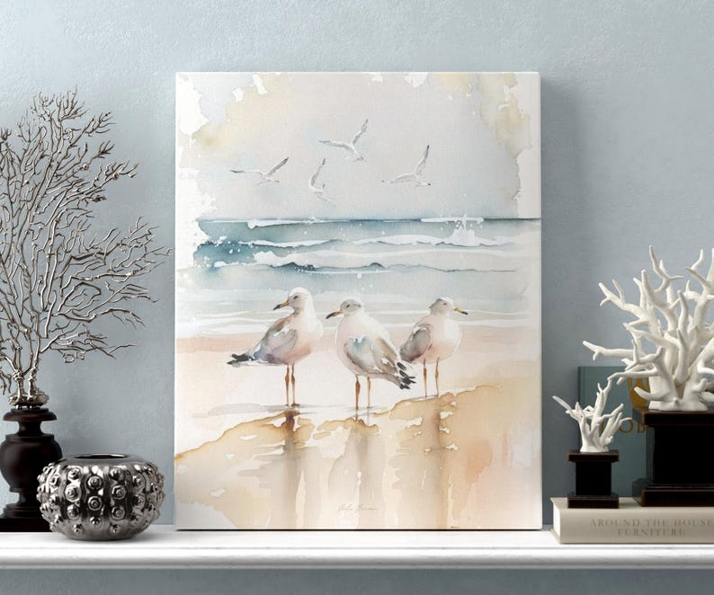 Seagulls at the Beach 1.25" Deep Canvas Print Wall Art for Home Office ...