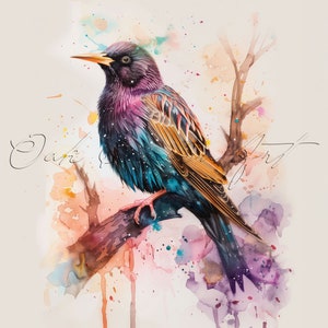 Starling Digital Download, Bird Printable Wall Art, Watercolor Painting