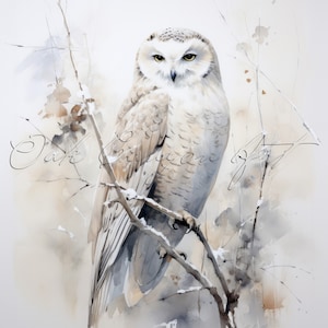 Art mural imprimable oiseau harfang des neiges pour le salon oiseau peinture aquarelle oeuvre pour carte de voeux téléchargement numérique instantané