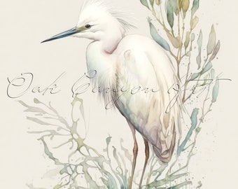 Snowy Egret Printable Wall Art for Living Room Bird Watercolor Painting Artwork for Bathroom Wall Decor Instant Digital Download