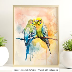 Póster de arte de pared con pájaros en acuarela, periquitos enamorados, para sala de estar