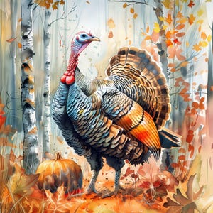Acuarela de pavo salvaje para imprimir en formato digital - Escena de bosque otoñal