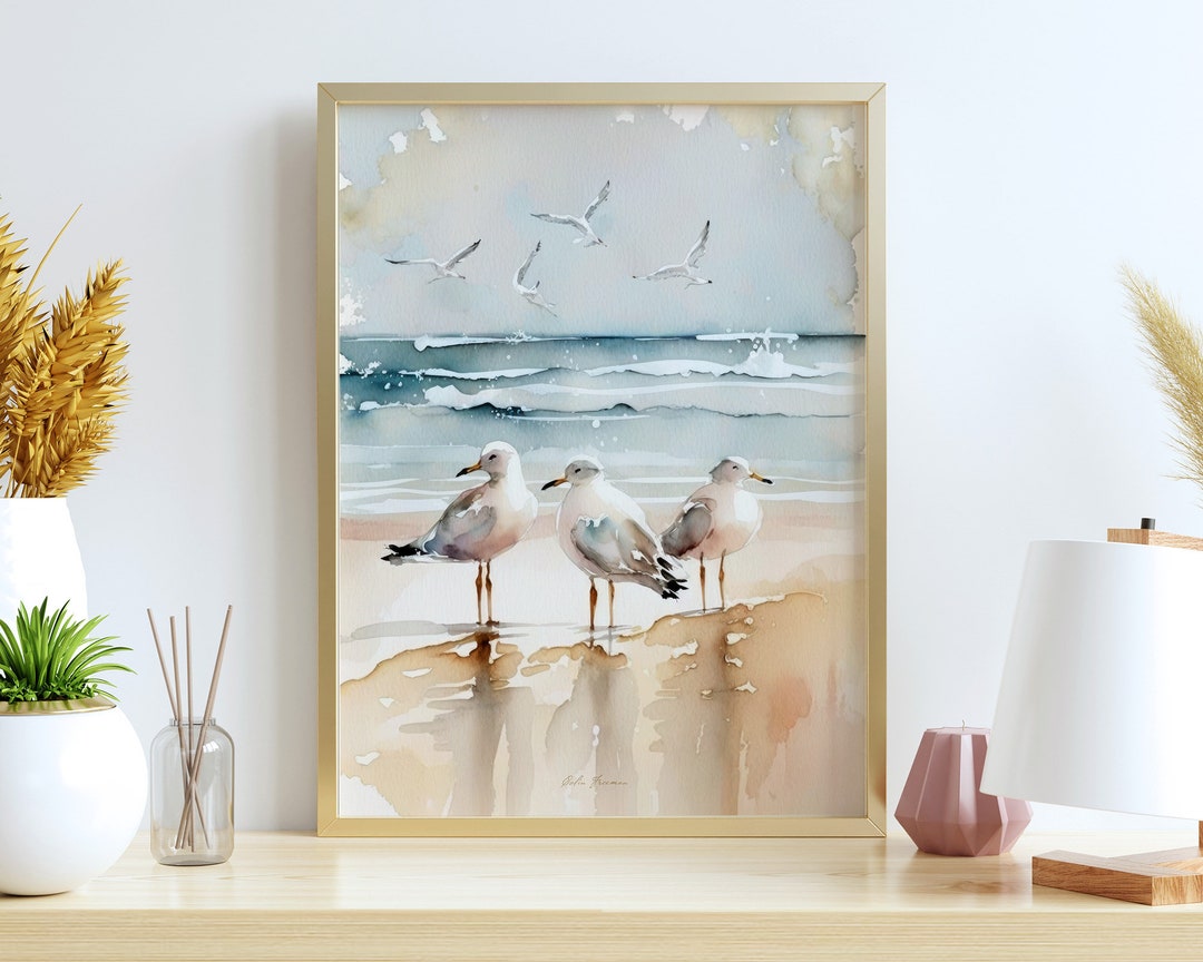 Seagulls at the Beach Wall Art for Living Room Bird Watercolor Painting ...