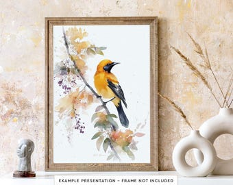 May include: Watercolor painting of a yellow and black oriole perched on a branch with green leaves and purple berries. The bird is facing right and has a long, pointed beak. The background is a soft, watercolor wash of light blue and pink.