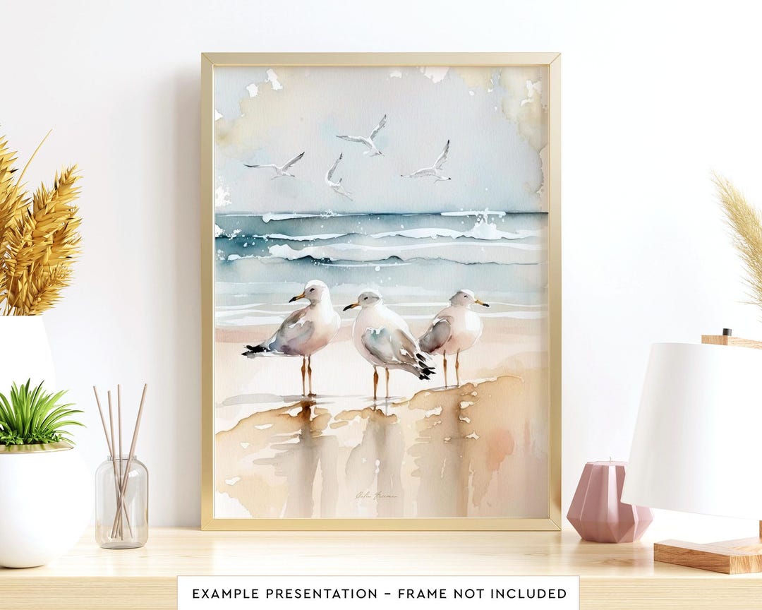 Seagulls at the Beach Wall Art for Living Room Bird Watercolor Painting ...