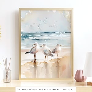 Gaviotas en la playa, arte de pared para sala de estar, pintura de acuarela de aves para decoración de pared de baño, póster impreso
