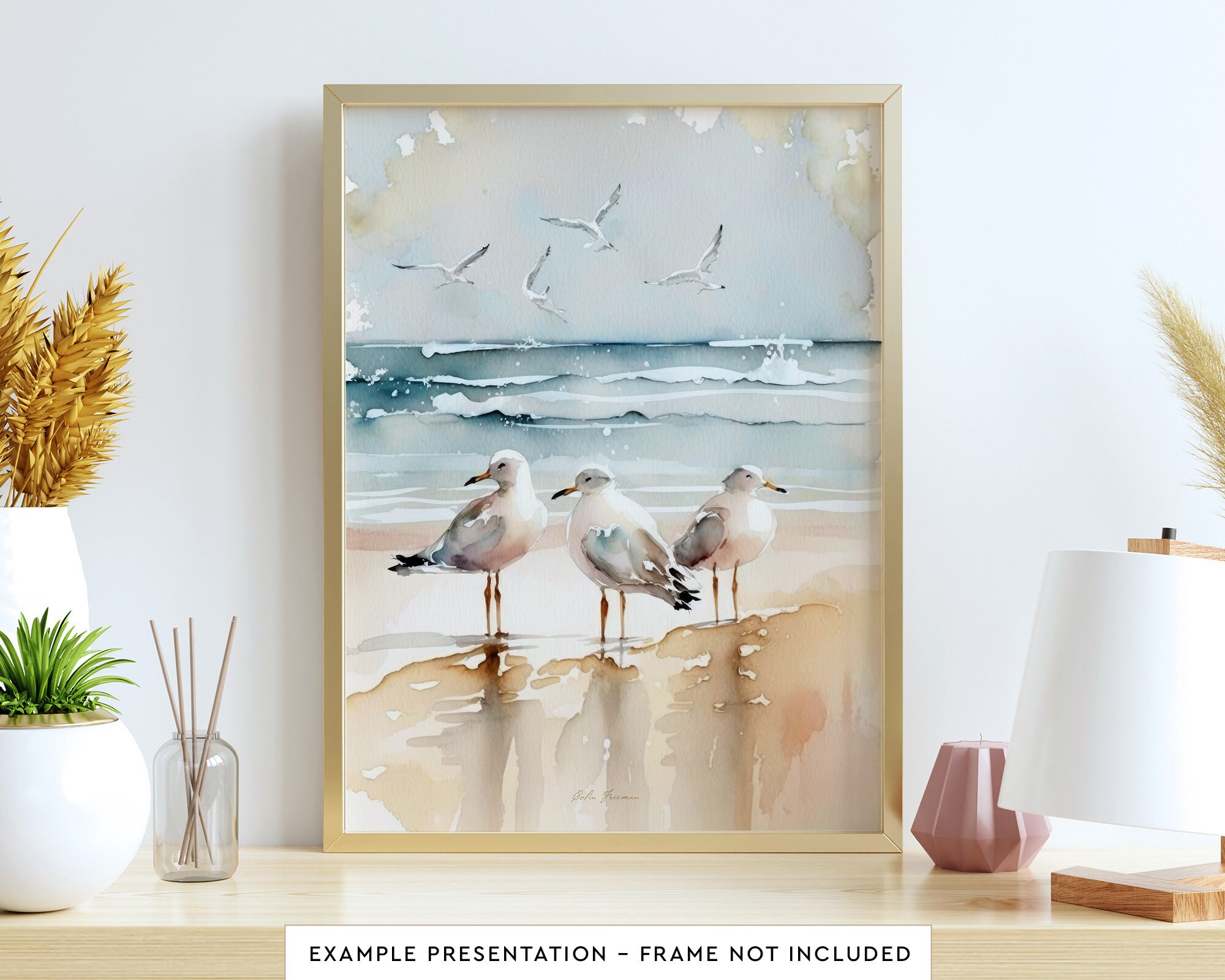 Seagulls at the Beach Wall Art for Living Room Bird Watercolor Painting ...
