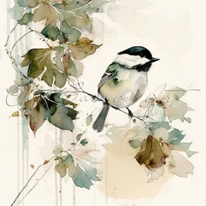 Chickadee Bird Printable Wall Art for Living Room Bird Watercolor Painting Artwork for Bathroom Wall Decor Instant Digital Download