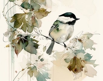 Chickadee Bird Printable Wall Art for Living Room Bird Watercolor Painting Artwork for Bathroom Wall Decor Instant Digital Download