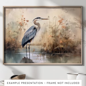 Blauwe reiger muurkunst voor woonkamer vogel aquarel schilderij badkamer muur decor poster print