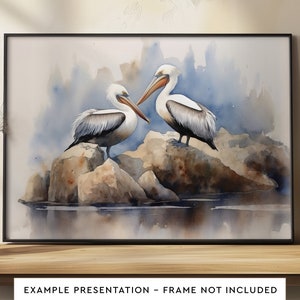 Póster de arte de pared con acuarela de pelícanos en las rocas para sala de estar