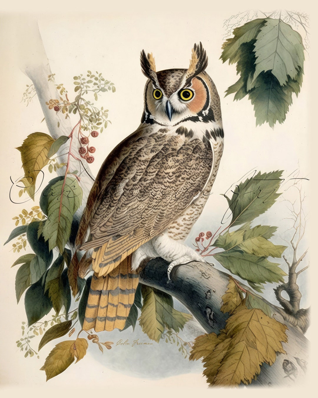 Great Horned Owl Vintage Bird Printable Wall Art for Living Room Bird ...