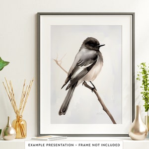 Arte de pared de pájaro Phoebe negro para sala de estar, pintura de acuarela de pájaro para decoración de pared de baño, impresión de póster