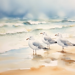 Gabbiani sulla spiaggia Arte da parete stampabile per uccelli da salotto Opera d'arte pittura ad acquerello per biglietti d'auguri Download digitale istantaneo
