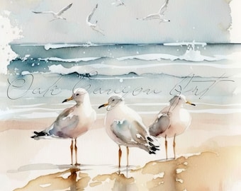 Seagulls Printable Wall Art for Living Room Bird Painting Watercolor Artwork Bathroom Wall Decor Instant Download