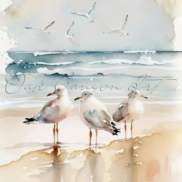 Seagulls Printable Wall Art for Living Room Bird Painting Watercolor Artwork Bathroom Wall Decor Instant Download