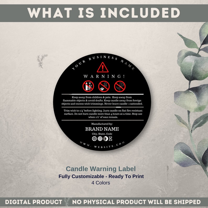 Candle Warning Label Template, Digital Download, Editable Label Warning
