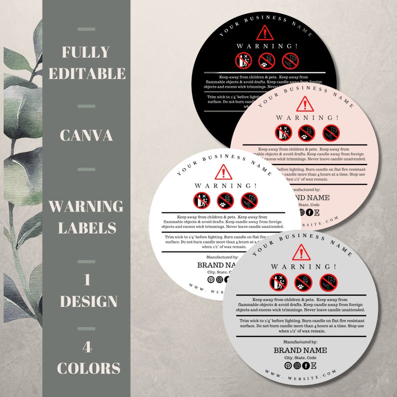 Candle Warning Label Template, Digital Download, Editable Label Warning