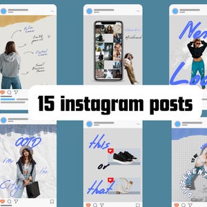 May include: A collection of 15 Instagram posts with various fashion and lifestyle themes. The posts feature images of outfits, shoes, and a mood board, with text overlays such as "New Look," "OOTD," and "This or That."