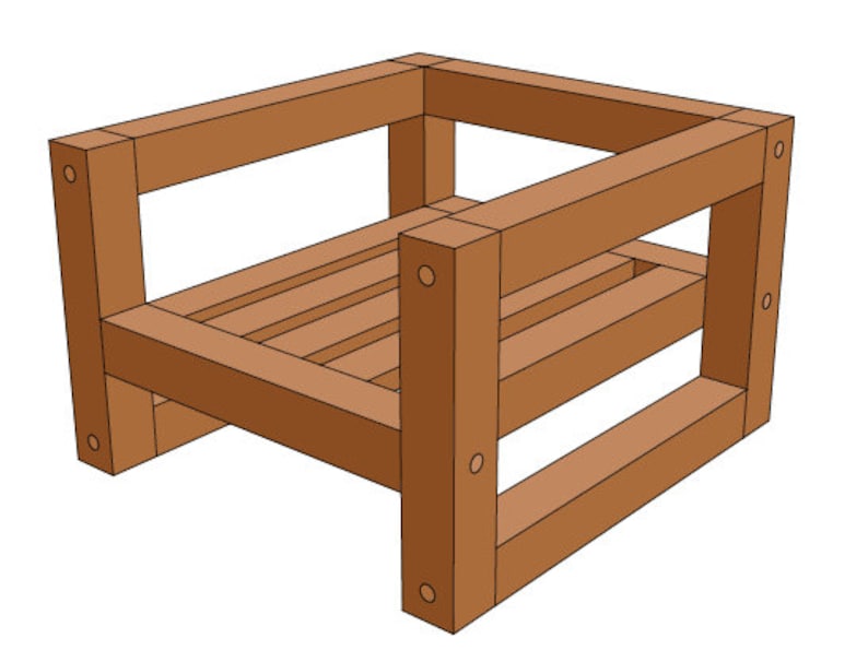 Puede incluir: Un marco de silla de madera con una mancha marr&oacute;n. La silla tiene un dise&ntilde;o simple con un asiento y un respaldo cuadrados.