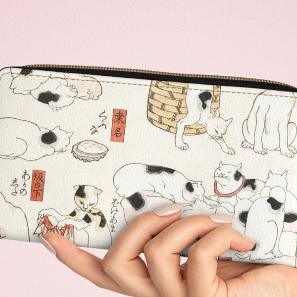 Monedero de gato bonito, billetera de cuero vegano de estilo japonés, monedero de diseño único, tarjetero de gatito elegante, regalo perfecto para amantes de los gatos