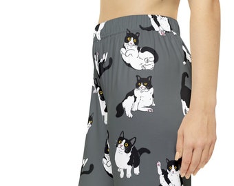 Tuxedo Cat Unisex Cotton Blend Pajama Bottoms, Super Soft and Comfortable, Perfect for tuxedo Cat Gifts, Cat Lover