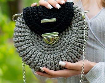 Handmade crochet grey and black bag with silver chain, shoulder bag with silver trim, very light and non-staining handbag
