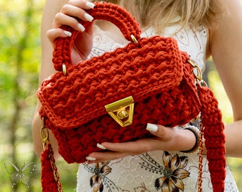 Orange crochet handbag with two long straps and lining, handmade medium bag with gold accessories, gift for woman