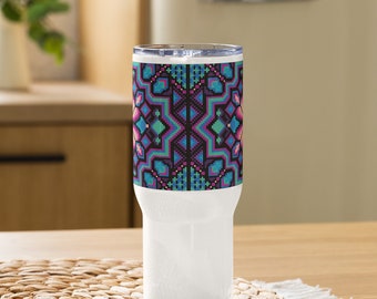 Ukrainian print travel mug with a handle (Modern Blue and Purple Print)