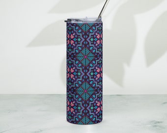 Ukrainian embroidery print stainless steel tumbler (modern blue and purple)