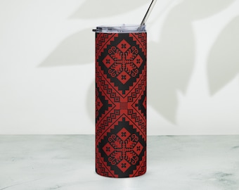 Ukrainian embroidery print stainless steel tumbler (black and red #1)