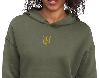 Ukrainian Embroidered Tryzub Women's Crop Hoodie Sweatshirt, Zelensky Cropped Hoodie Sweatshirt, Ukrainian Cropped Hoodie Sweatshirt