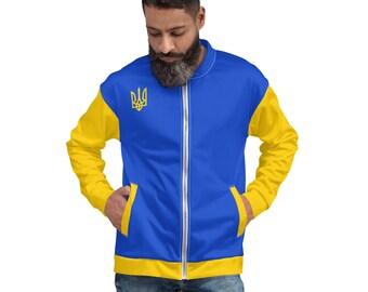 Ukrainian Unisex Bomber Jacket, Ukrainian jacket, Blue and yellow Jacket, Tryzub Jacket