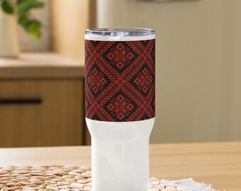 Ukrainian print travel mug with a handle (Black and Red Traditional)