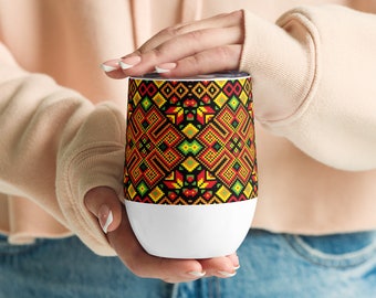 Ukrainian Embroidery Print Colorful Wine Tumbler, Colorful Embroidery Print Tumbler, Beautiful Ukrainian Printed Wine Tumbler