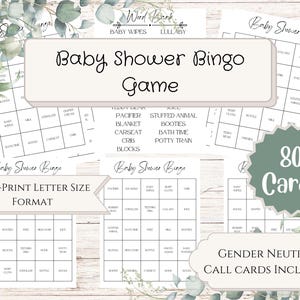 Bingo de chá de bebê | Minimalista moderno | Gênero neutro | 80 cartas de jogo