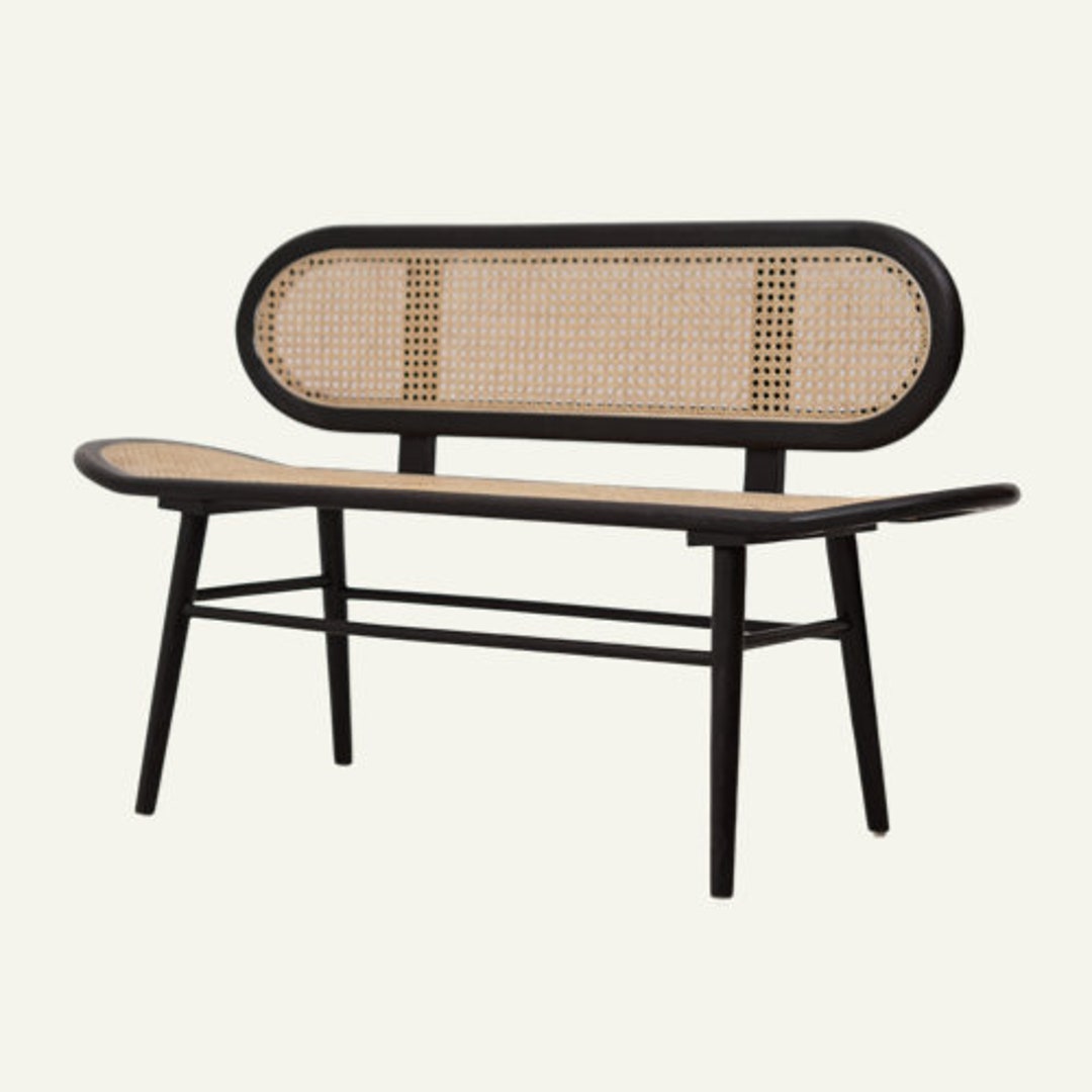 Black Rattan Modern Bench With Back, Wood Bench, Bench for Livingroom