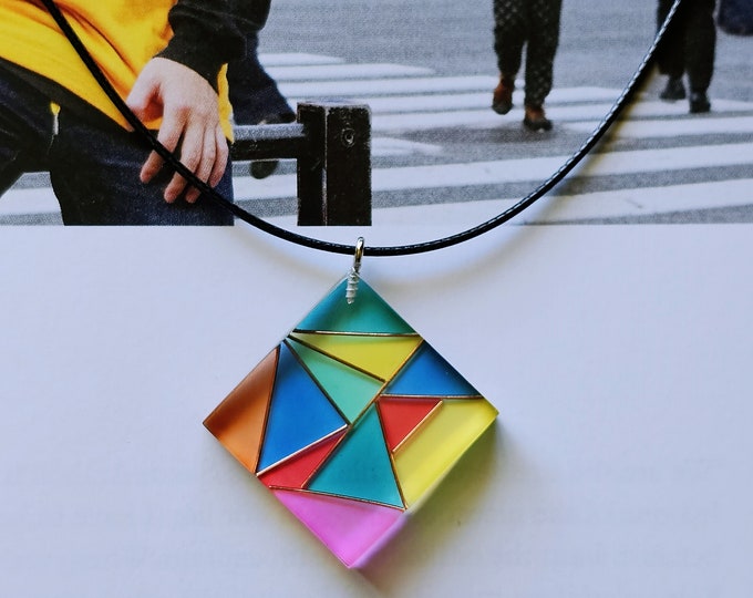 geometric resin and acrylic necklace, gift for her, statement jewelry, colorful necklace, wearable art necklace, handmade jewelry