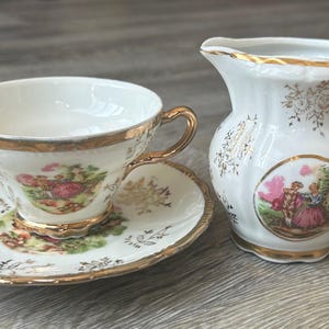 Vintage Japanese Porcelain Tea Set: Gold Trim Courting Scene