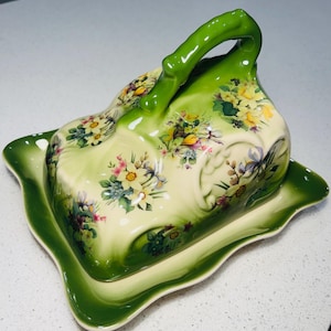Vintage Floral Butter Dish with Lid: Green Ombre Ceramic Cottagecore Tableware