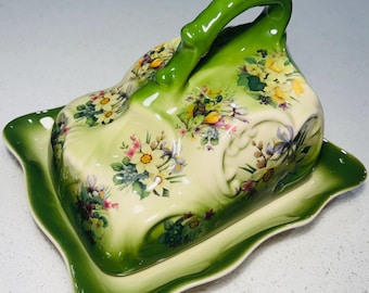 Vintage Floral Butterdose mit Deckel: Grünes Ombre Cottagecore Geschirr aus Keramik