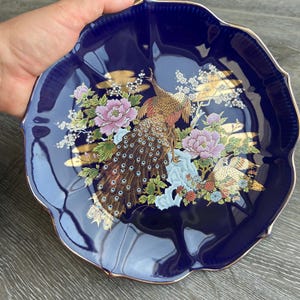 Vintage Japanese Cobalt Blue Display Plate – Hand-Painted Peacocks & Florals, Scalloped Edge, Made in Japan.