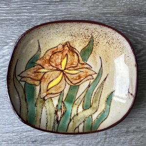 May include: A square ceramic plate featuring a hand-painted iris design. The flower is depicted in shades of brown and yellow, with green leaves. The plate has a brown rim and a speckled beige background.