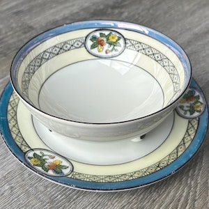 Vintage Noritake Japan Art Deco Condiment Set – Blue Luster Footed Bowl and Underplate with Floral Medallions