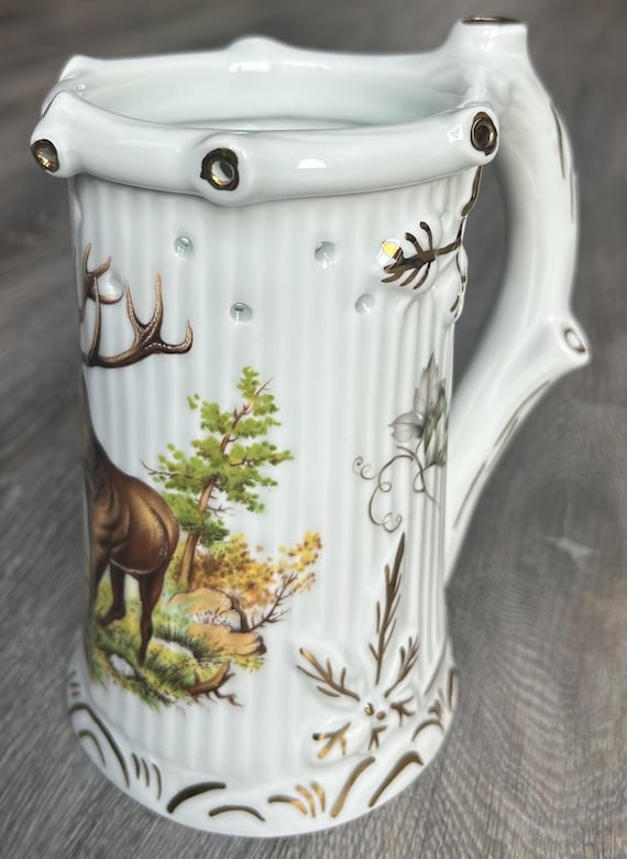 Vintage Hugo Schmidt Puzzle Beer Stein: German Porcelain Deer Mug